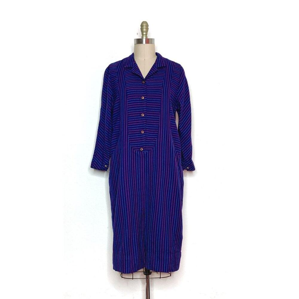 VINTAGE 90s Blue Purple Striped Wool Midi Shift Dress Medium
